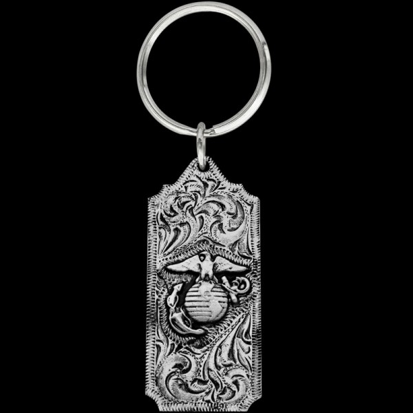 USMC, Our USMC keychain includes beautiful, engraved scrolls, a 3D Marines globe & anchor figure,  back engraving, and a key ring attachment. Each silve